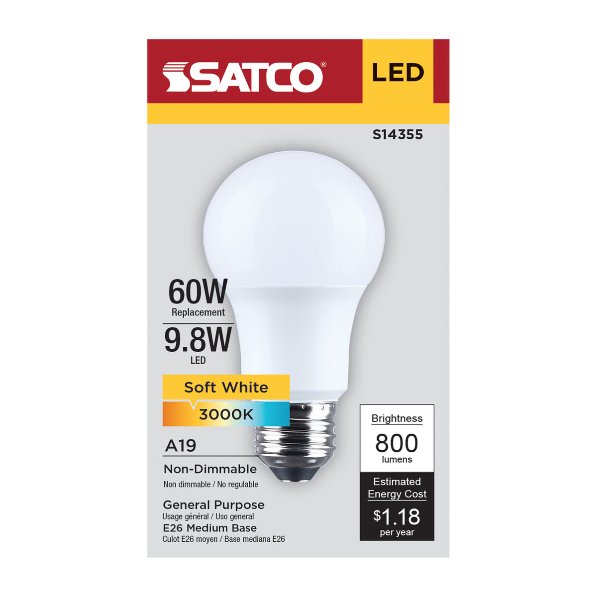 9.8 Watt LED A19 - 3000K CCT - Medium Base - Plastic - 120 Volt - 1-Pack
