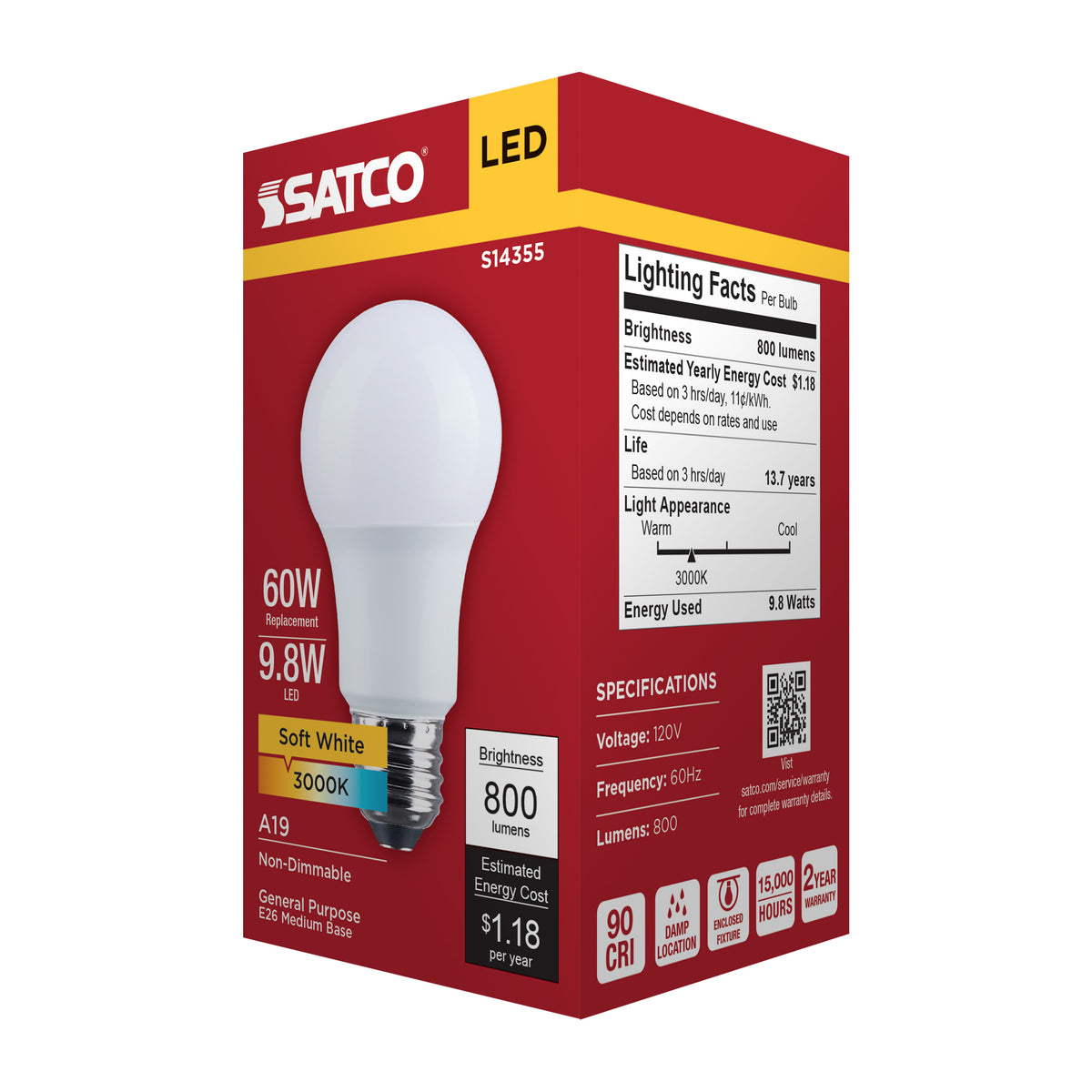 9.8 Watt LED A19 - 3000K CCT - Medium Base - Plastic - 120 Volt - 1-Pack