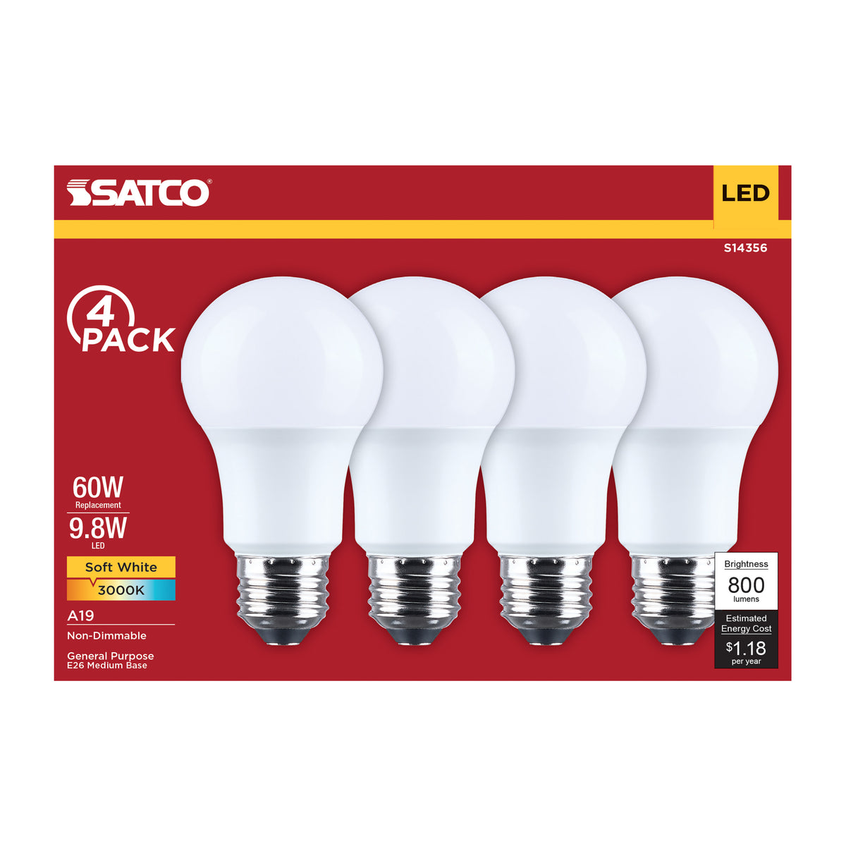 9.8 Watt LED A19 - 3000K CCT - Medium Base - Plastic - 120 Volt - 4-Pack