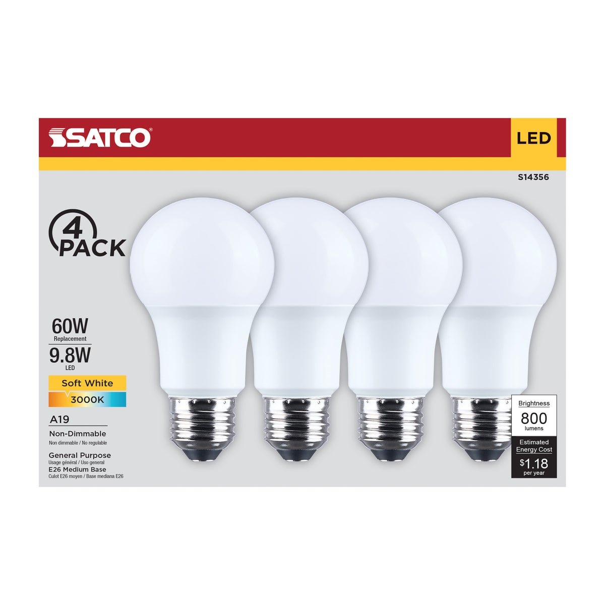 9.8 Watt LED A19 - 3000K CCT - Medium Base - Plastic - 120 Volt - 4-Pack
