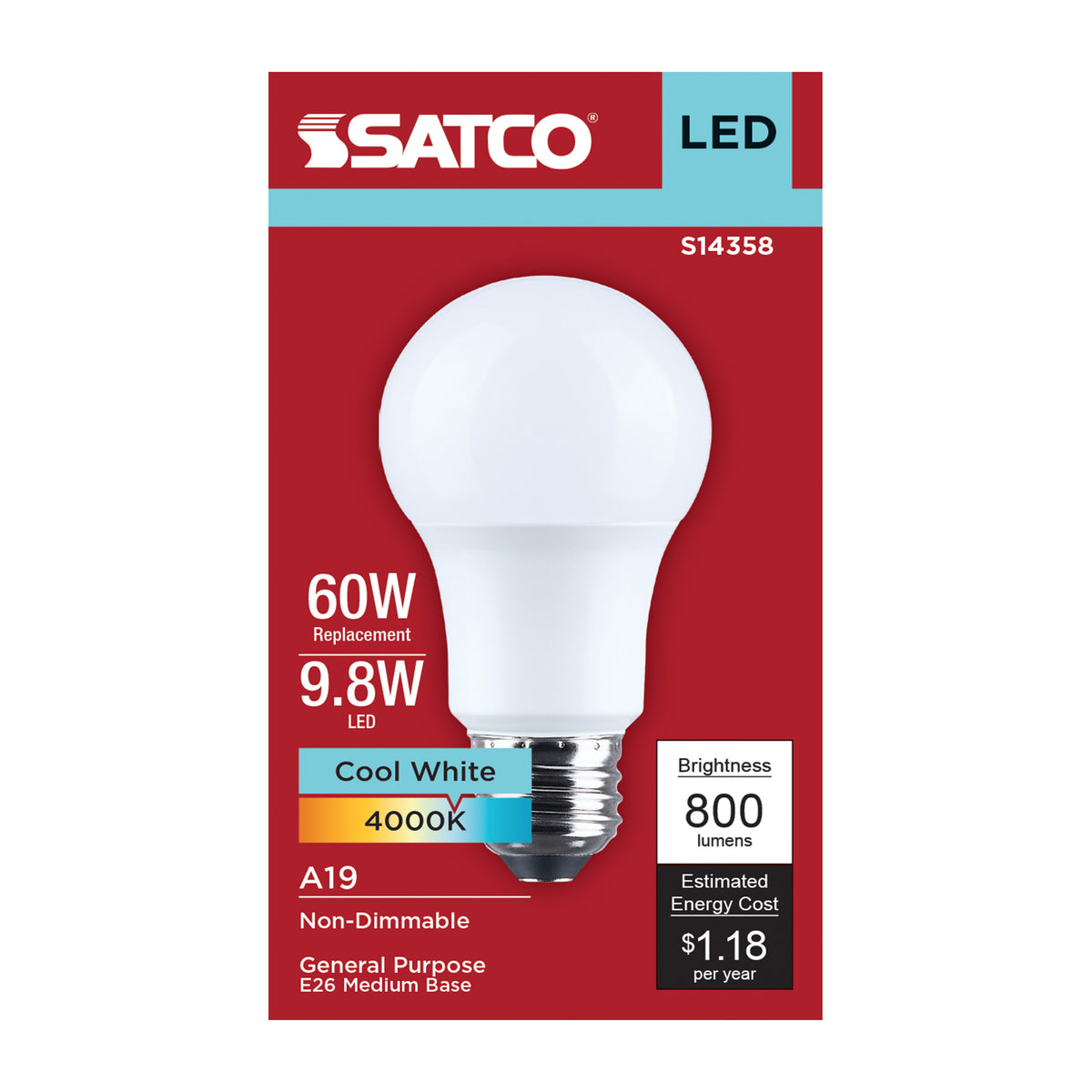 9.8 Watt LED A19 - 4000K CCT - Medium Base - Plastic - 120 Volt - 1-Pack