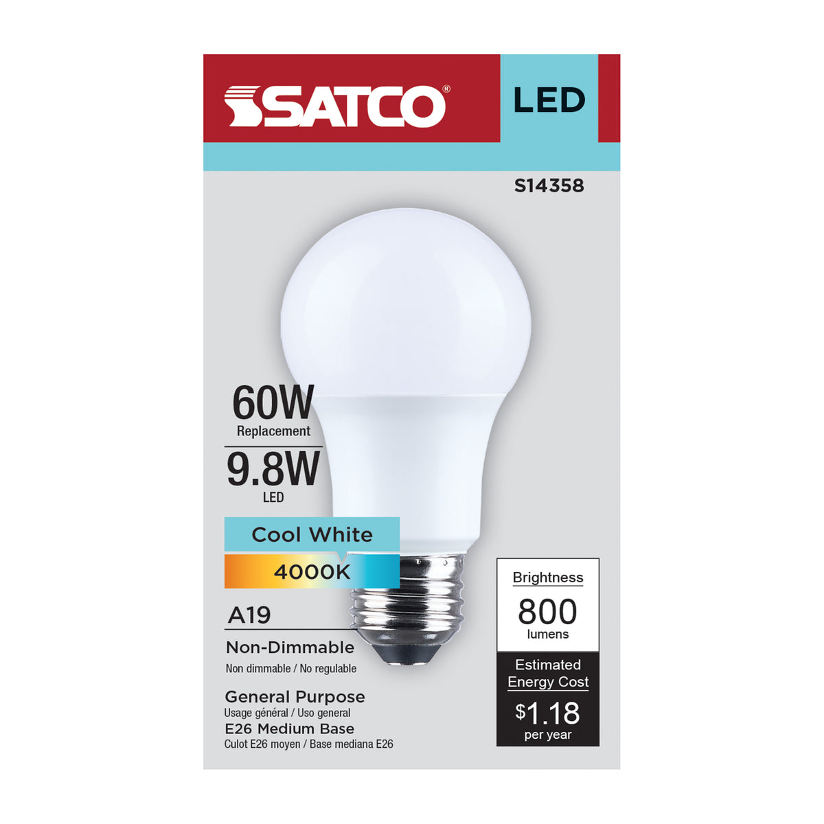9.8 Watt LED A19 - 4000K CCT - Medium Base - Plastic - 120 Volt - 1-Pack