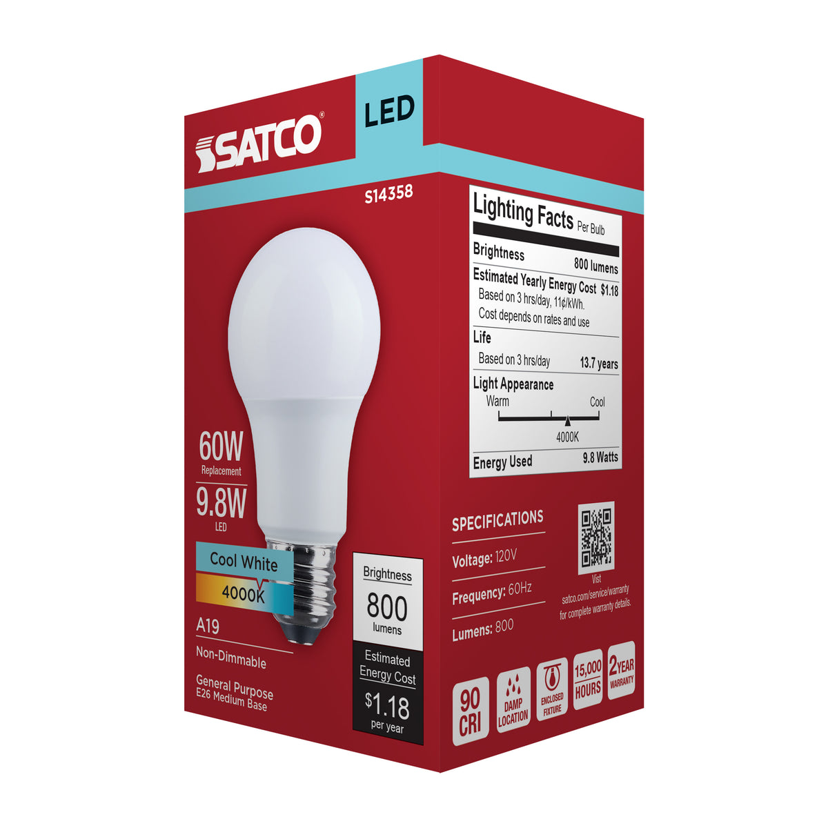 9.8 Watt LED A19 - 4000K CCT - Medium Base - Plastic - 120 Volt - 1-Pack