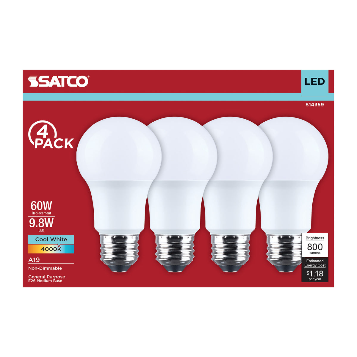 9.8 Watt LED A19 - 4000K CCT - Medium Base - Plastic - 120 Volt - 4-Pack