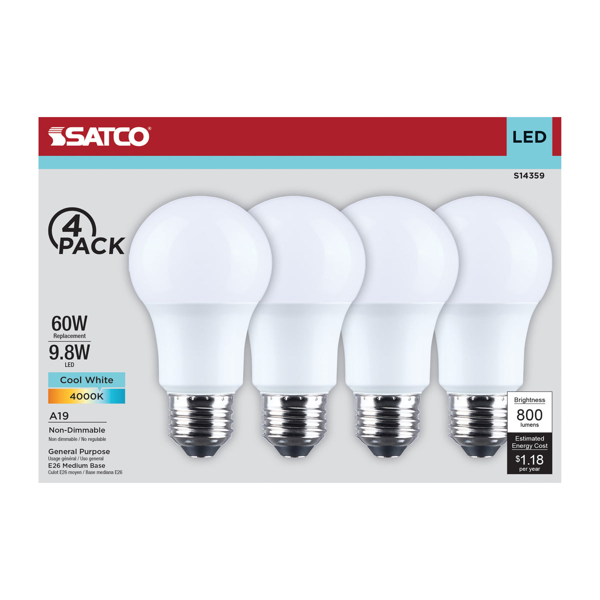 9.8 Watt LED A19 - 4000K CCT - Medium Base - Plastic - 120 Volt - 4-Pack