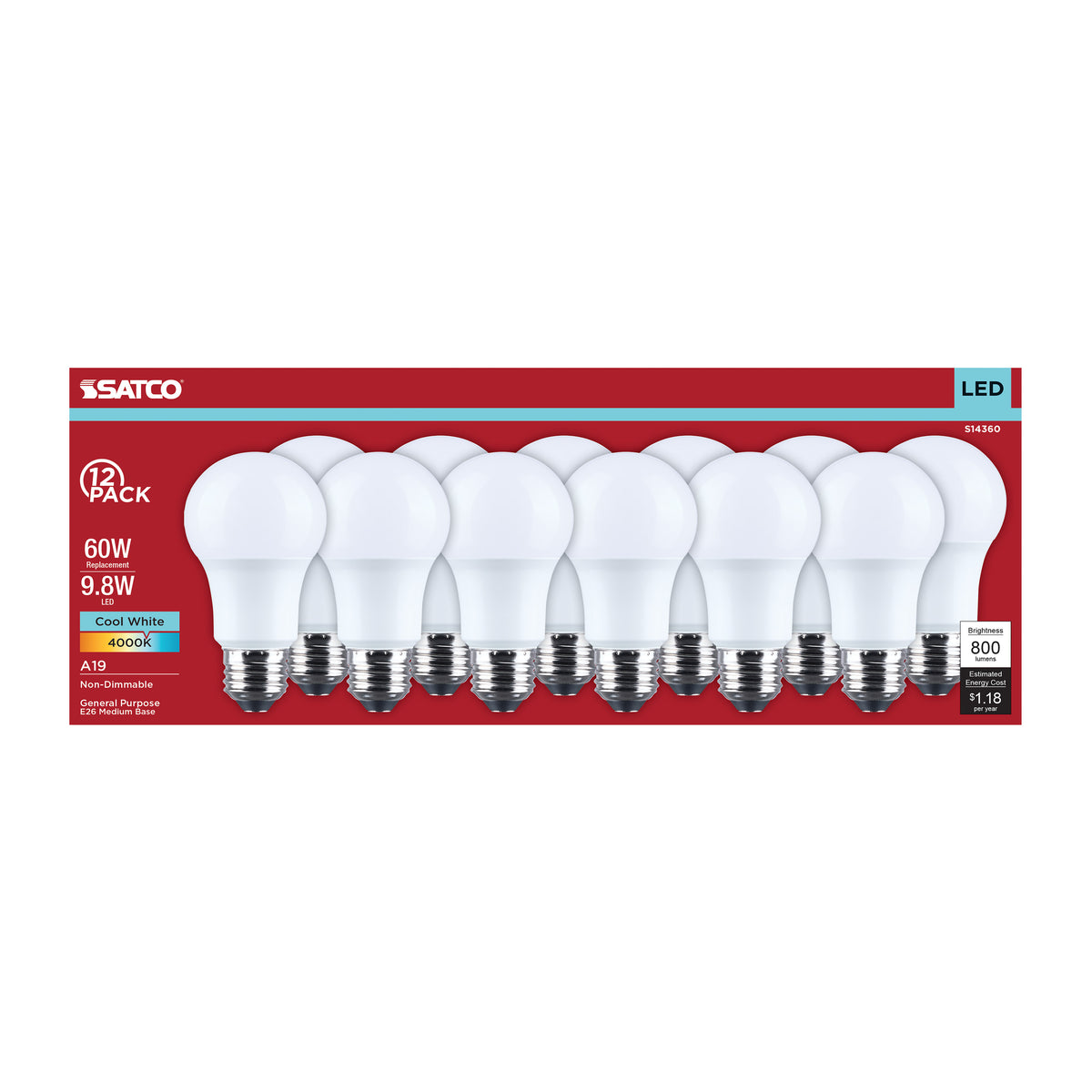 9.8 Watt LED A19 - 4000K CCT - Medium Base - Plastic - 120 Volt - 12-Pack