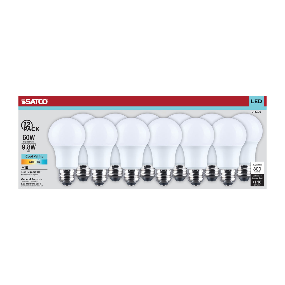 9.8 Watt LED A19 - 4000K CCT - Medium Base - Plastic - 120 Volt - 12-Pack