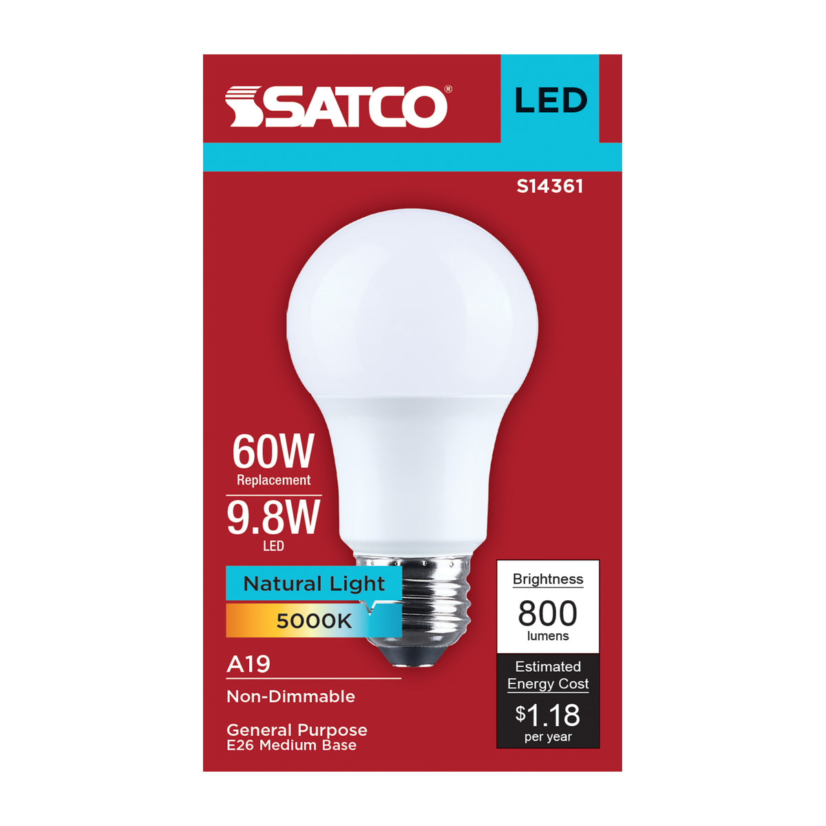 9.8 Watt LED A19 - 5000K CCT - Medium Base - Plastic - 120 Volt - 1-Pack