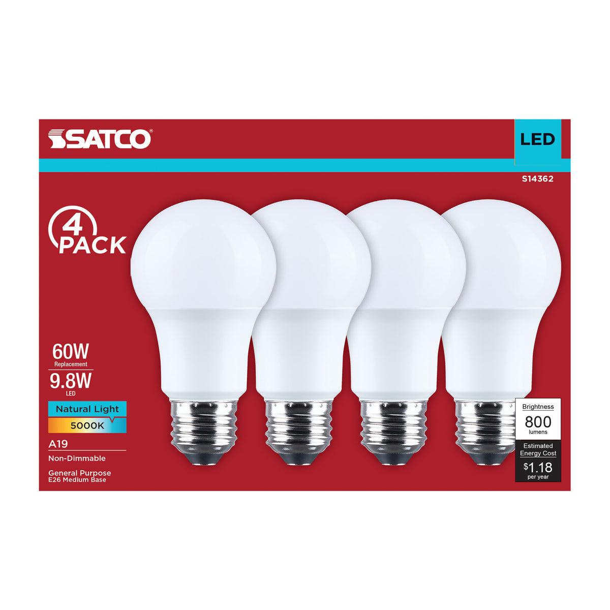 9.8 Watt LED A19 - 5000K CCT - Medium Base - Plastic - 120 Volt - 4-Pack