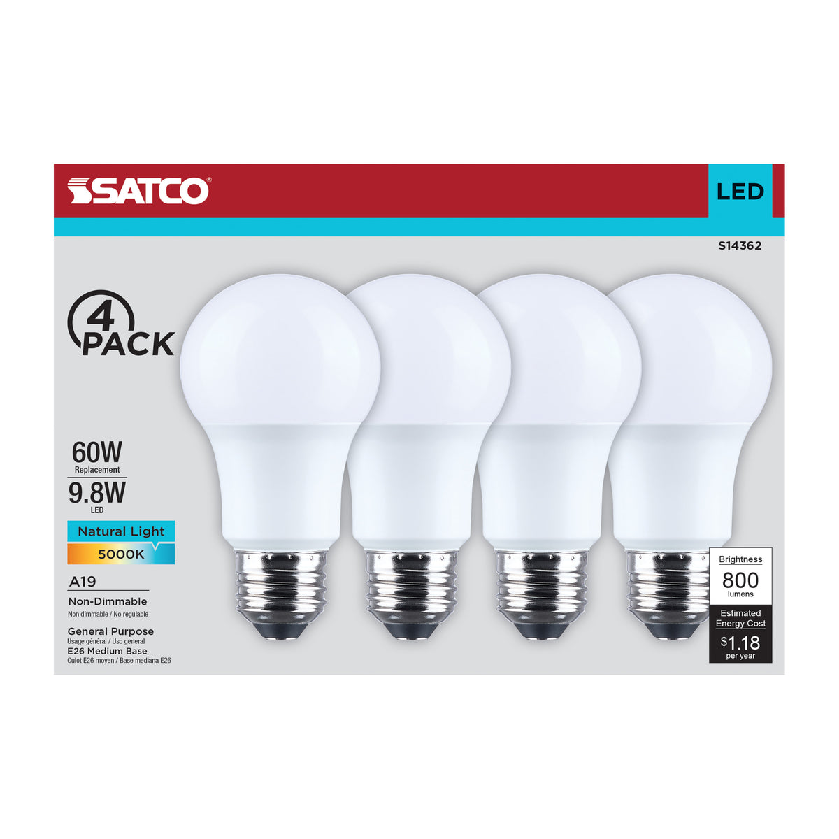 9.8 Watt LED A19 - 5000K CCT - Medium Base - Plastic - 120 Volt - 4-Pack