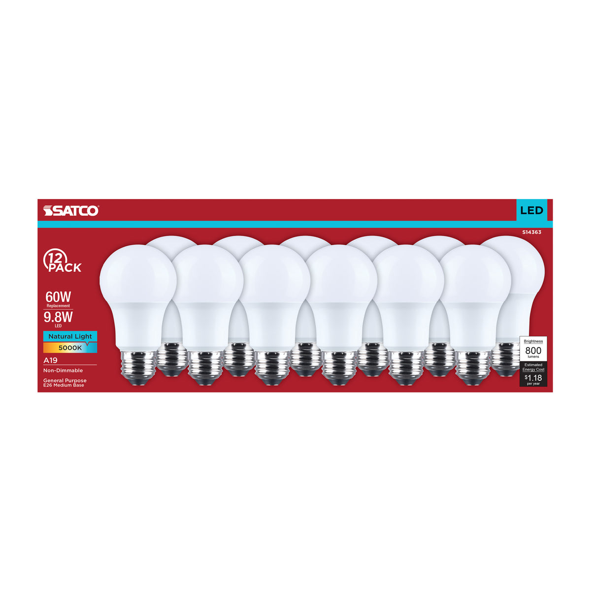 9.8 Watt LED A19 - 5000K CCT - Medium Base - Plastic - 120 Volt - 12-Pack