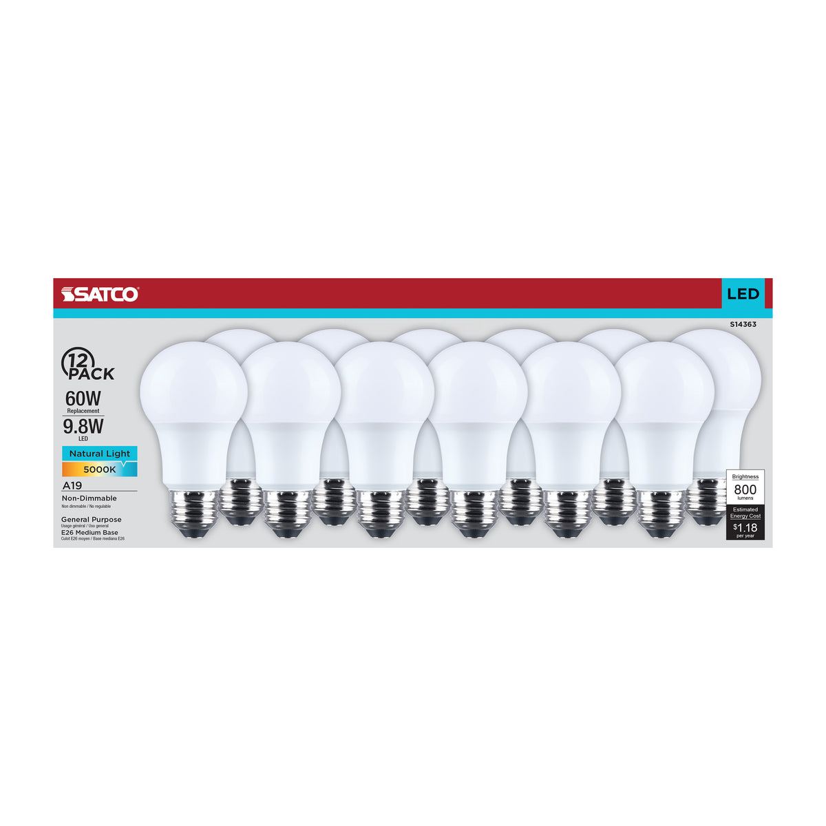 9.8 Watt LED A19 - 5000K CCT - Medium Base - Plastic - 120 Volt - 12-Pack