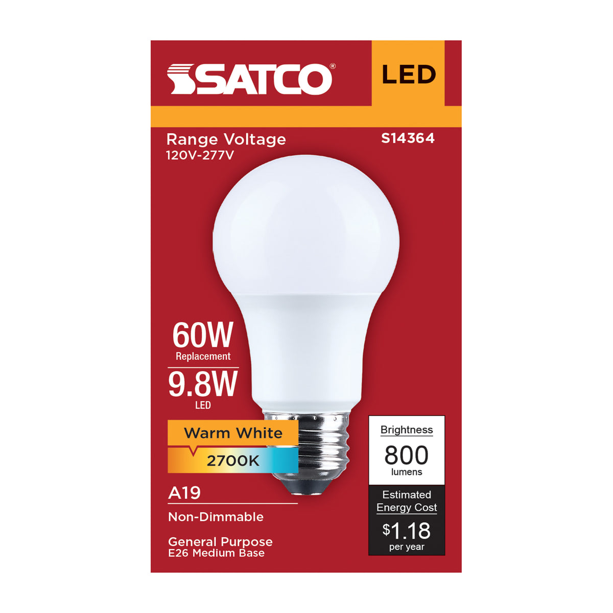 9.8 Watt LED A19 - 2700K CCT - Medium Base - Plastic - 120-277 Volt - 1-Pack