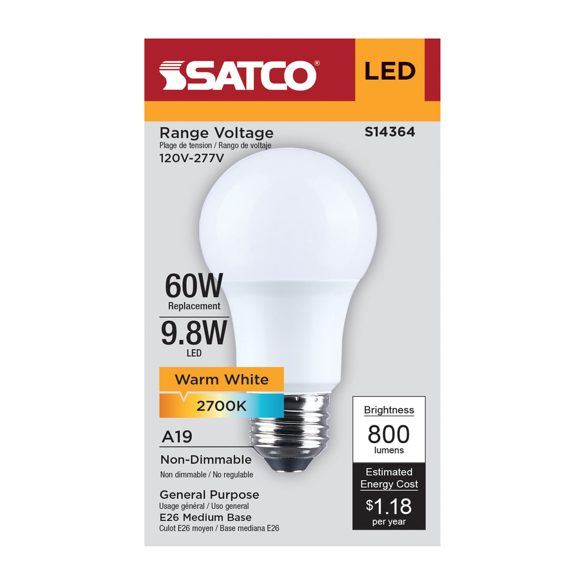 9.8 Watt LED A19 - 2700K CCT - Medium Base - Plastic - 120-277 Volt - 1-Pack
