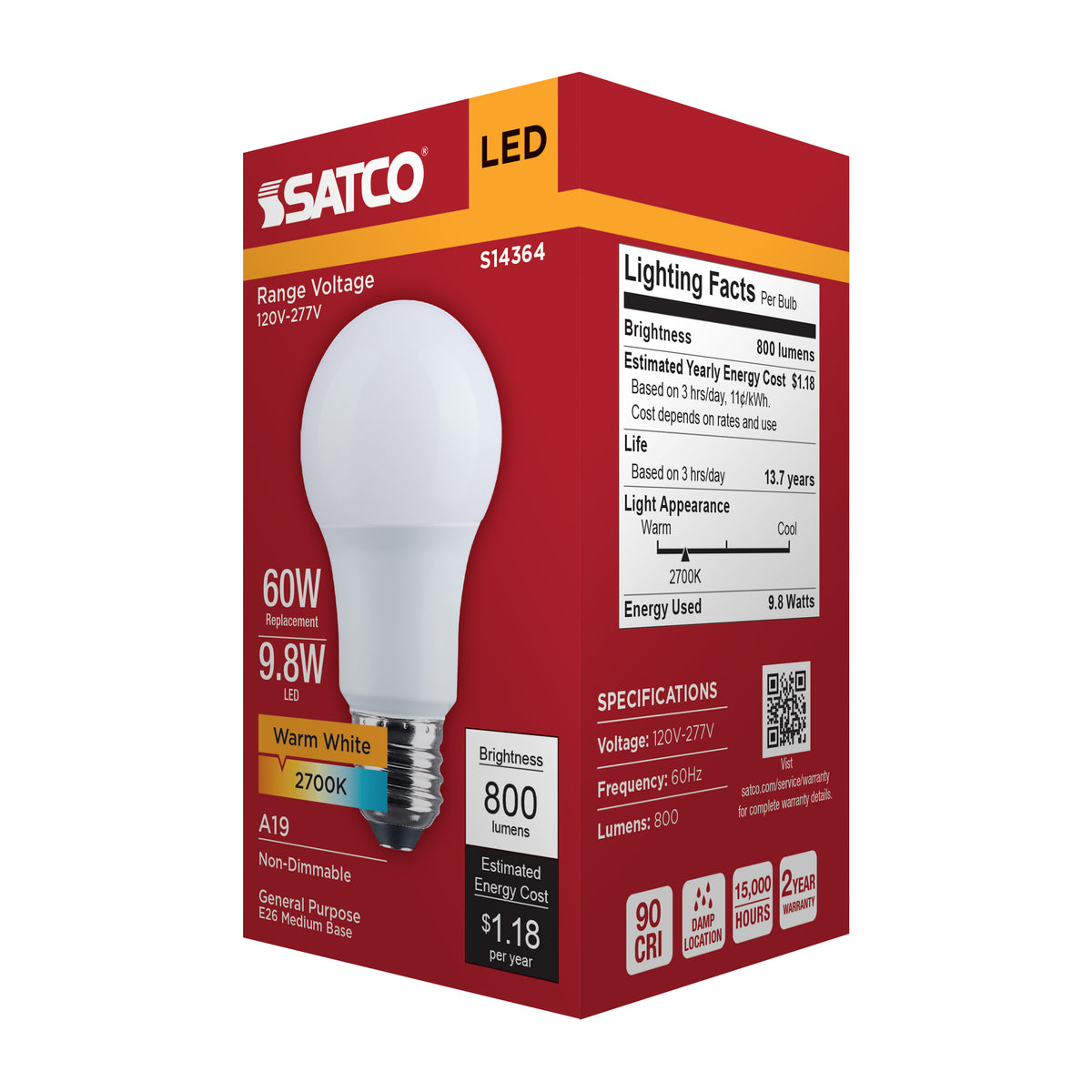 9.8 Watt LED A19 - 2700K CCT - Medium Base - Plastic - 120-277 Volt - 1-Pack