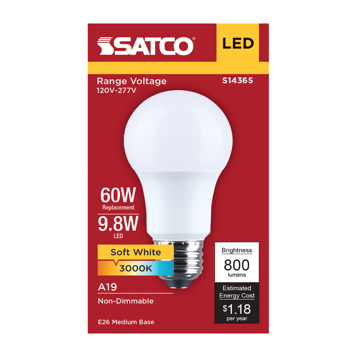 9.8 Watt LED A19 - 3000K CCT - Medium Base - Plastic - 120-277 Volt - 1-Pack