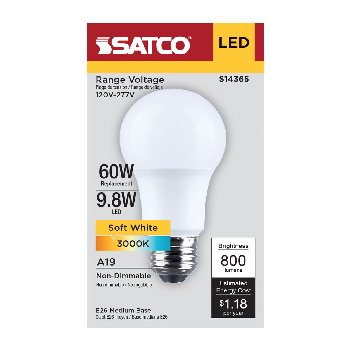 9.8 Watt LED A19 - 3000K CCT - Medium Base - Plastic - 120-277 Volt - 1-Pack