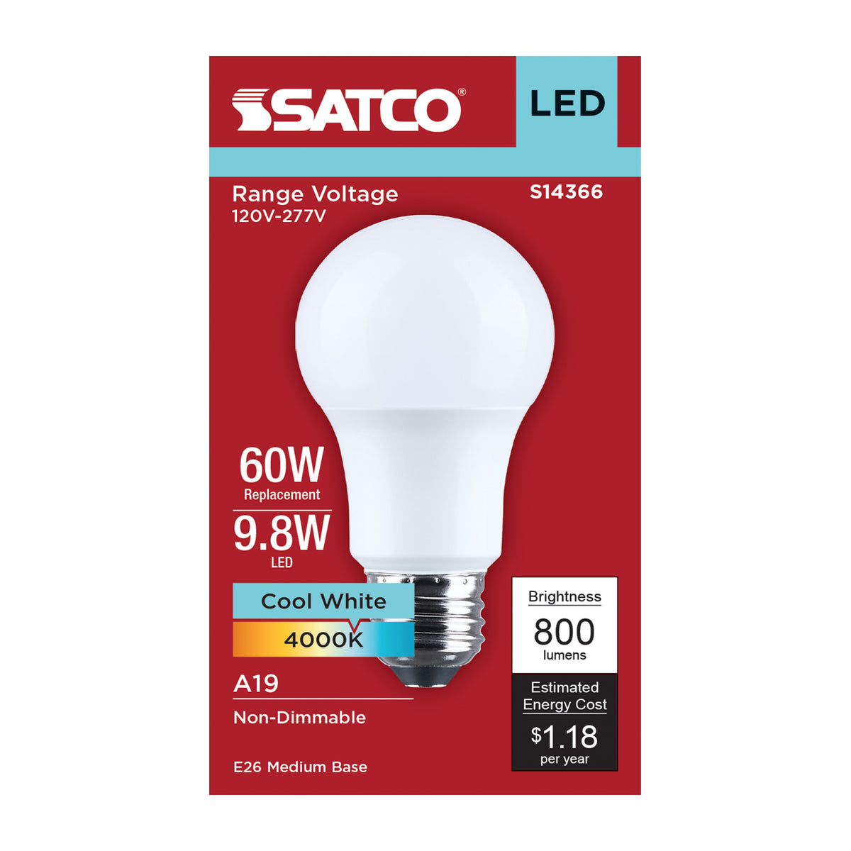9.8 Watt LED A19 - 4000K CCT - Medium Base - Plastic - 120-277 Volt - 1-Pack