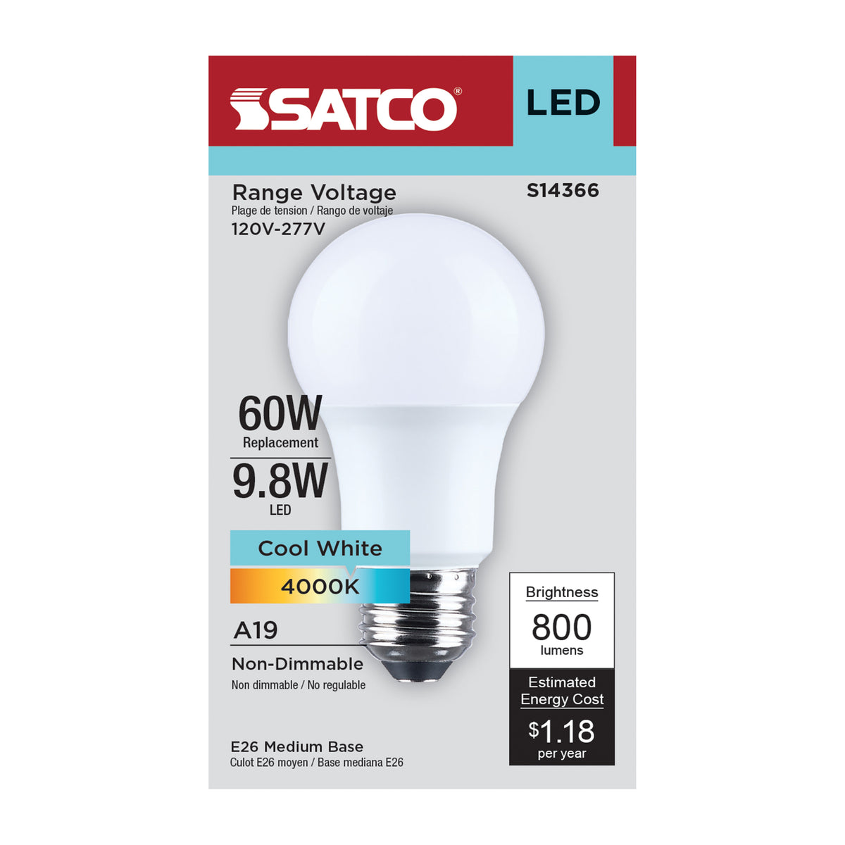 9.8 Watt LED A19 - 4000K CCT - Medium Base - Plastic - 120-277 Volt - 1-Pack