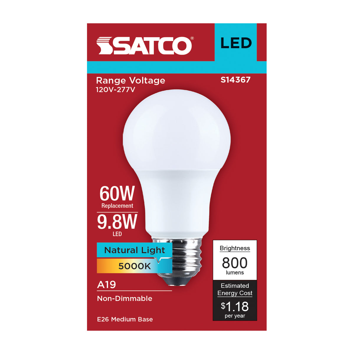 9.8 Watt LED A19 - 5000K CCT - Medium Base - Plastic - 120-277 Volt - 1-Pack