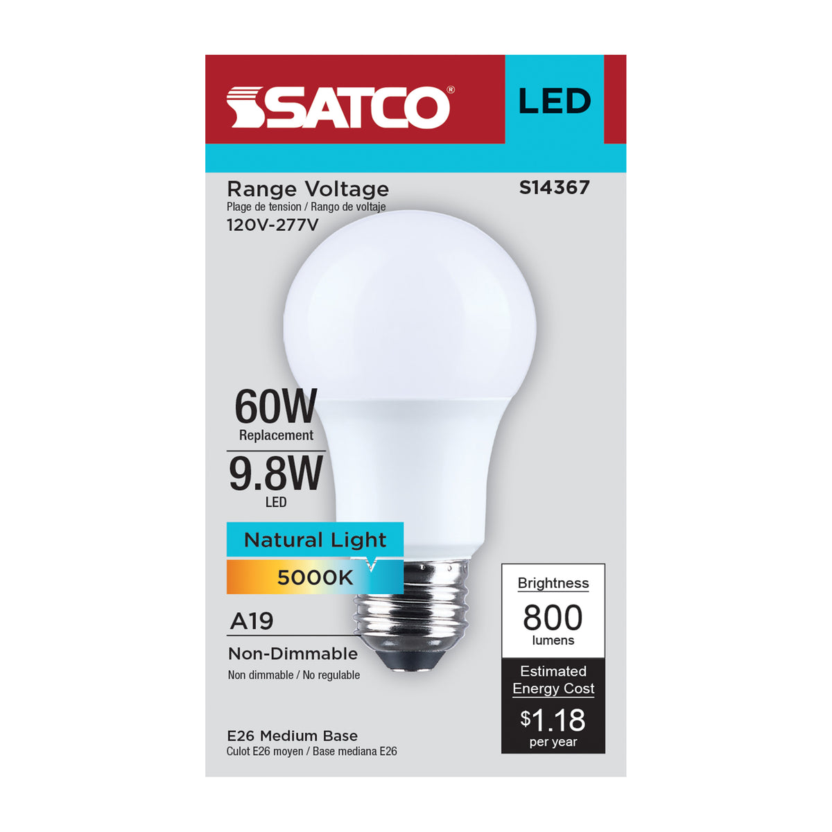 9.8 Watt LED A19 - 5000K CCT - Medium Base - Plastic - 120-277 Volt - 1-Pack