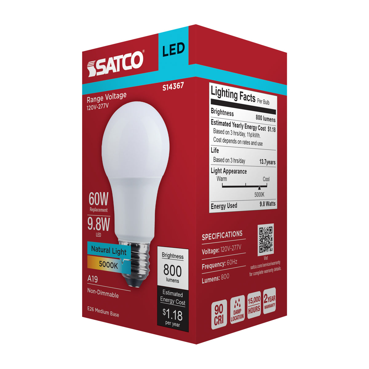 9.8 Watt LED A19 - 5000K CCT - Medium Base - Plastic - 120-277 Volt - 1-Pack