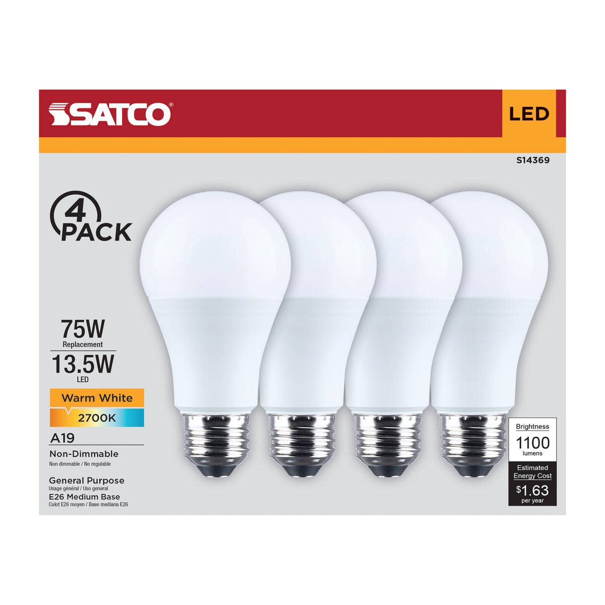 13.5 Watt LED A19 - 2700K CCT - Medium Base - Plastic - 120 Volt - 4-Pack