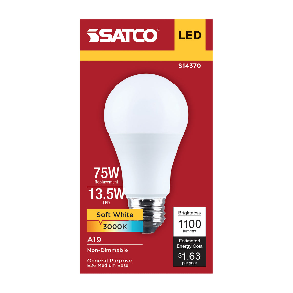 13.5 Watt LED A19 - 3000K CCT - Medium Base - Plastic - 120 Volt - 1-Pack