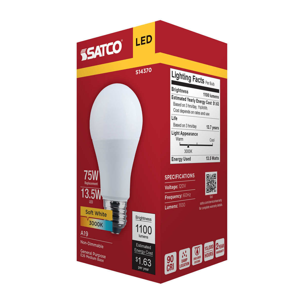 13.5 Watt LED A19 - 3000K CCT - Medium Base - Plastic - 120 Volt - 1-Pack