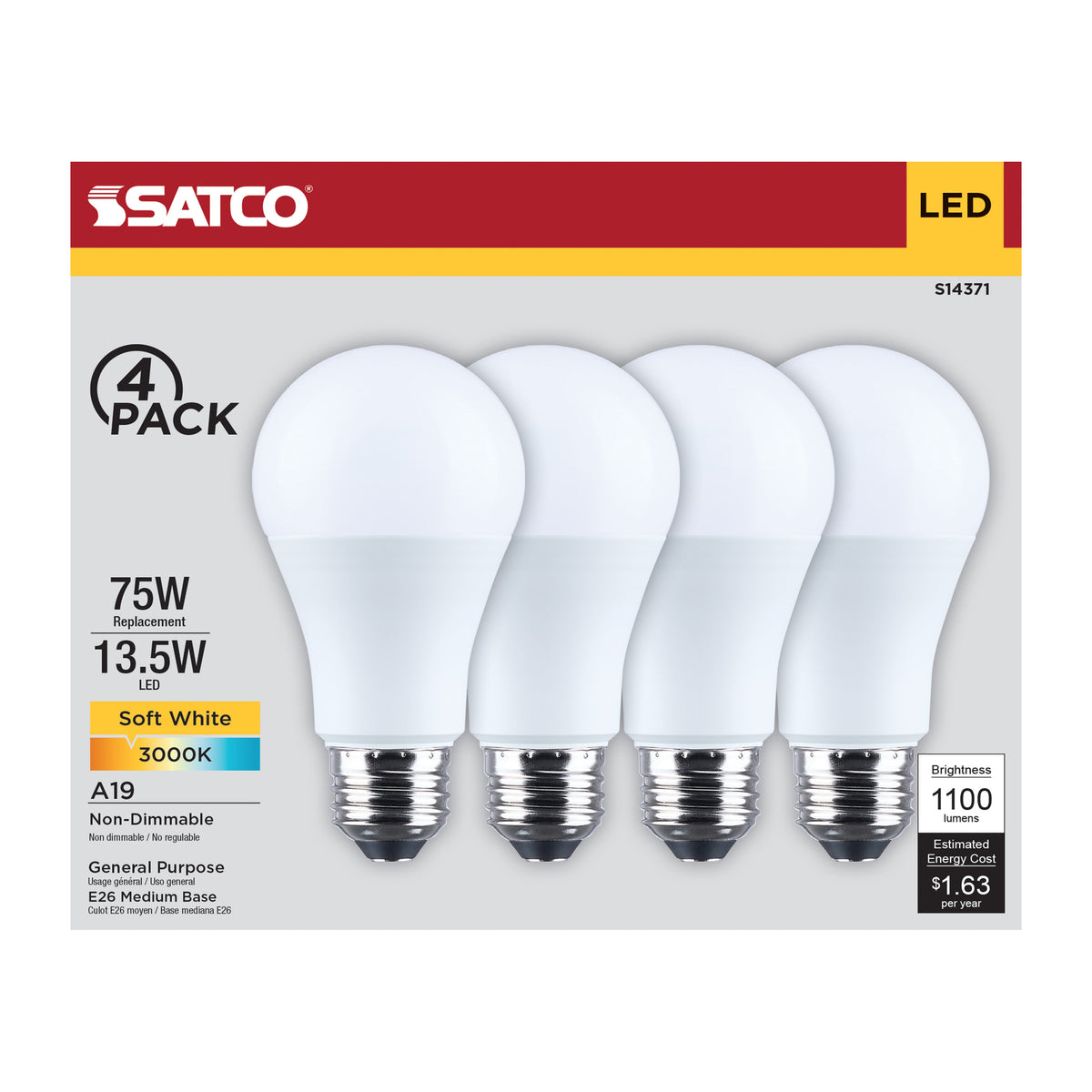 13.5 Watt LED A19 - 3000K CCT - Medium Base - Plastic - 120 Volt - 4-Pack