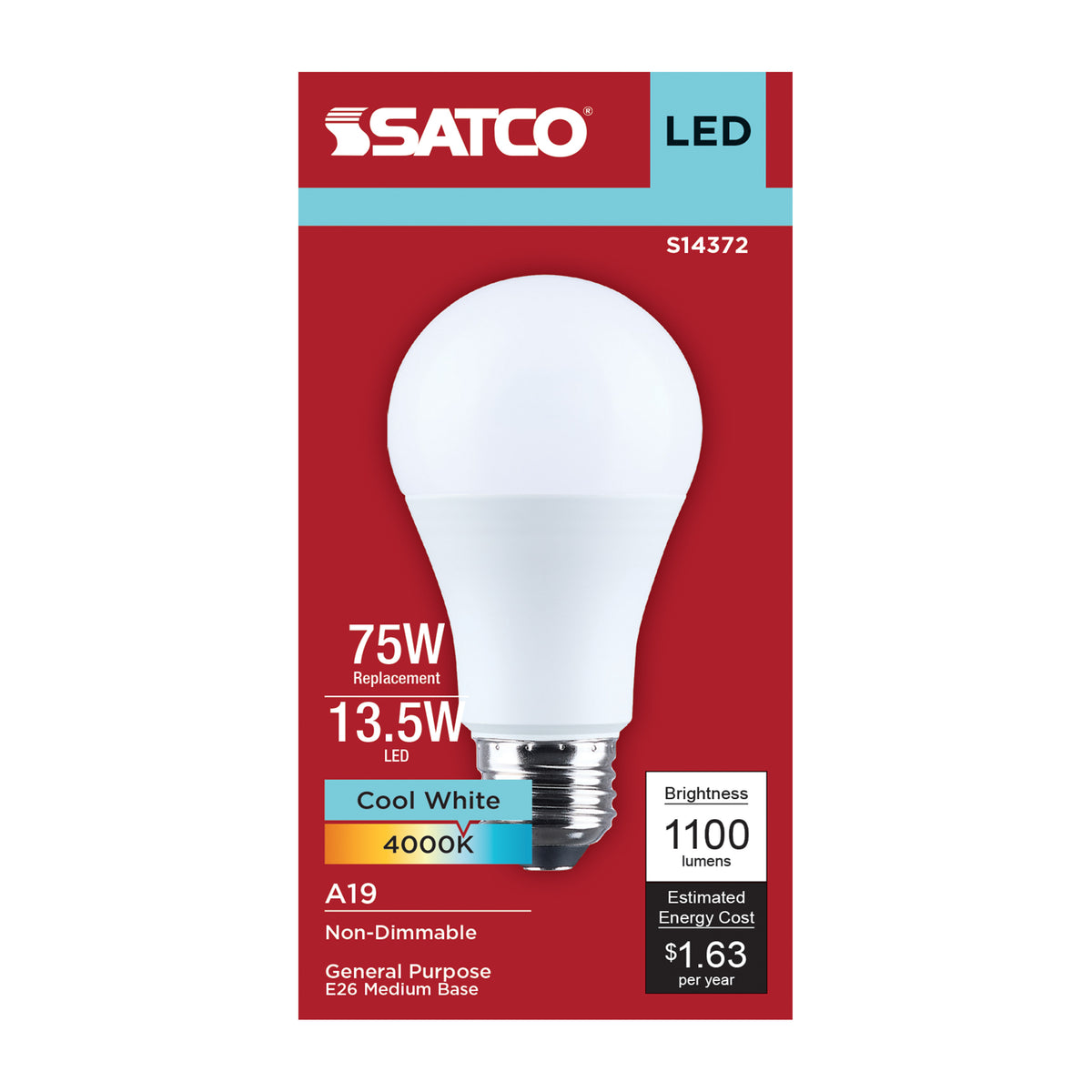 13.5 Watt LED A19 - 4000K CCT - Medium Base - Plastic - 120 Volt - 1-Pack