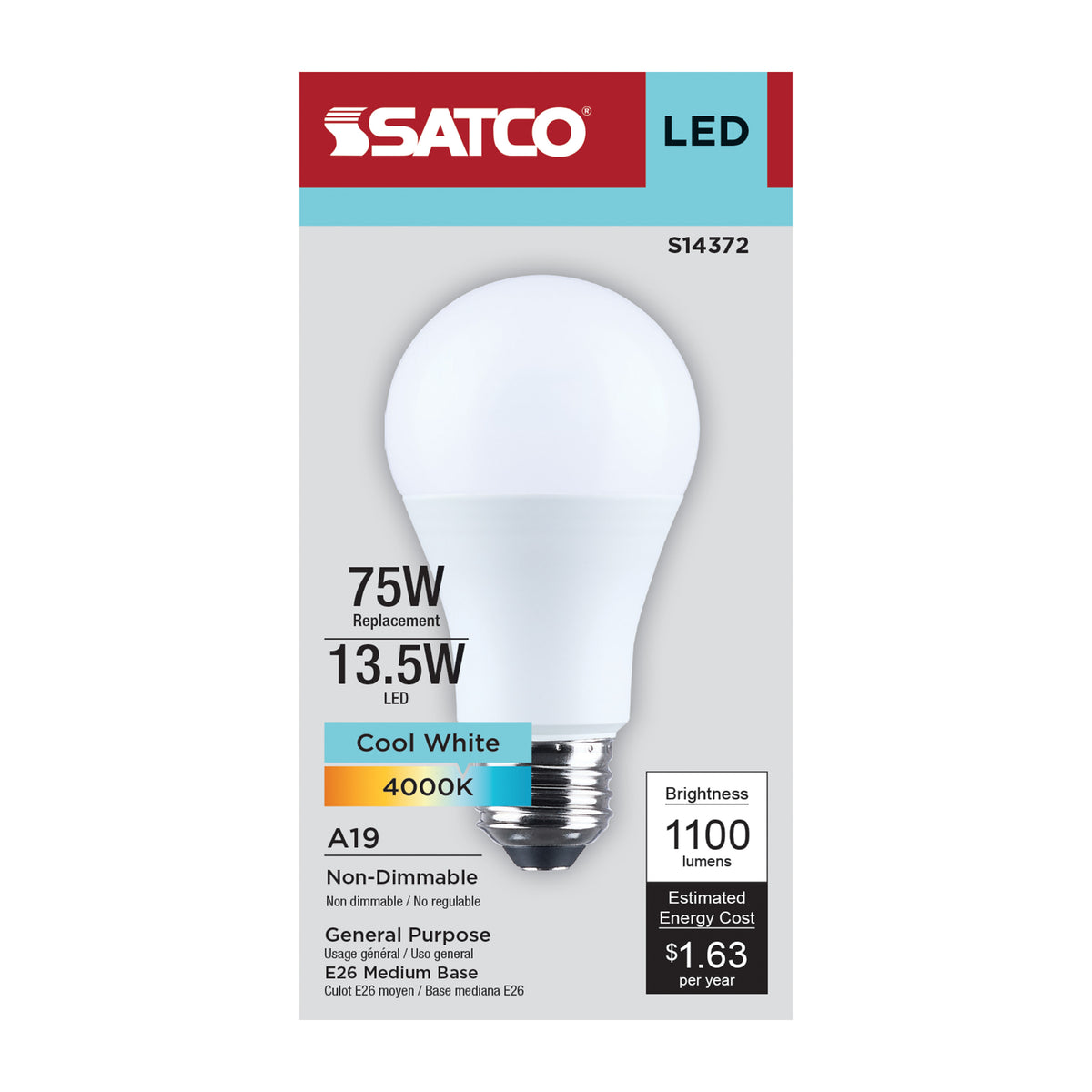 13.5 Watt LED A19 - 4000K CCT - Medium Base - Plastic - 120 Volt - 1-Pack