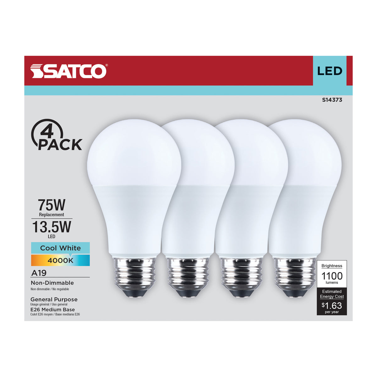 13.5 Watt LED A19 - 4000K CCT - Medium Base - Plastic - 120 Volt - 4-Pack