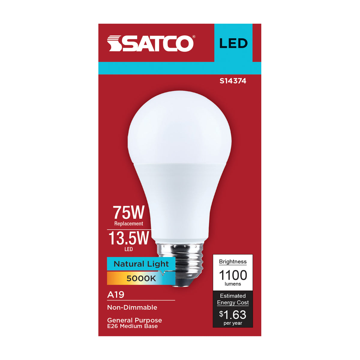 13.5 Watt LED A19 - 5000K CCT - Medium Base - Plastic - 120 Volt - 1-Pack