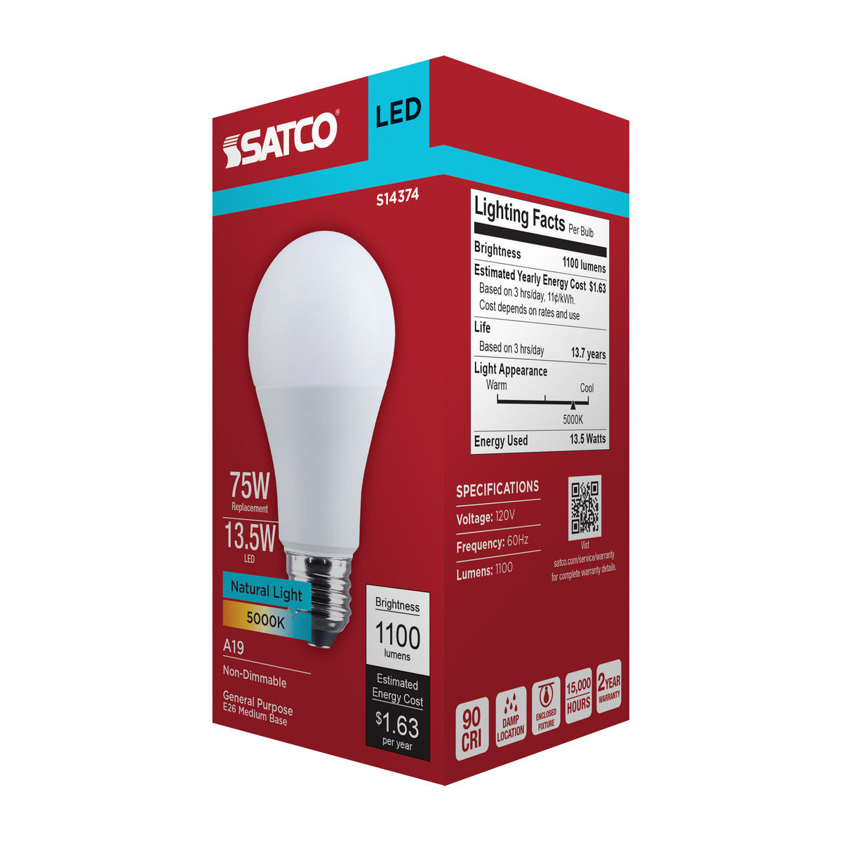 13.5 Watt LED A19 - 5000K CCT - Medium Base - Plastic - 120 Volt - 1-Pack