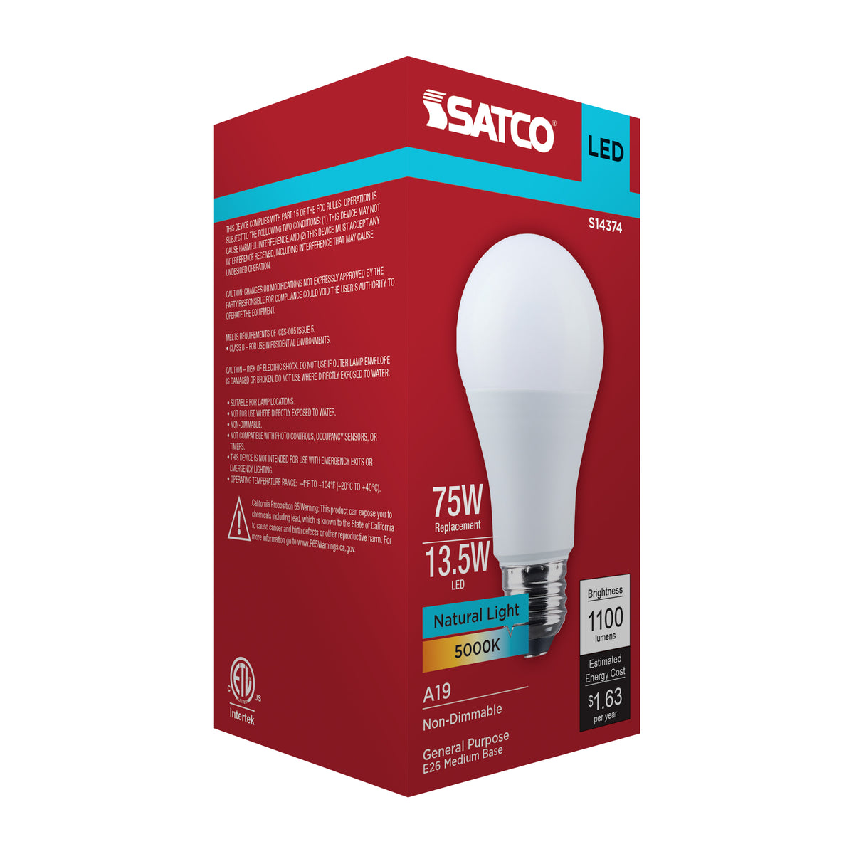 13.5 Watt LED A19 - 5000K CCT - Medium Base - Plastic - 120 Volt - 1-Pack