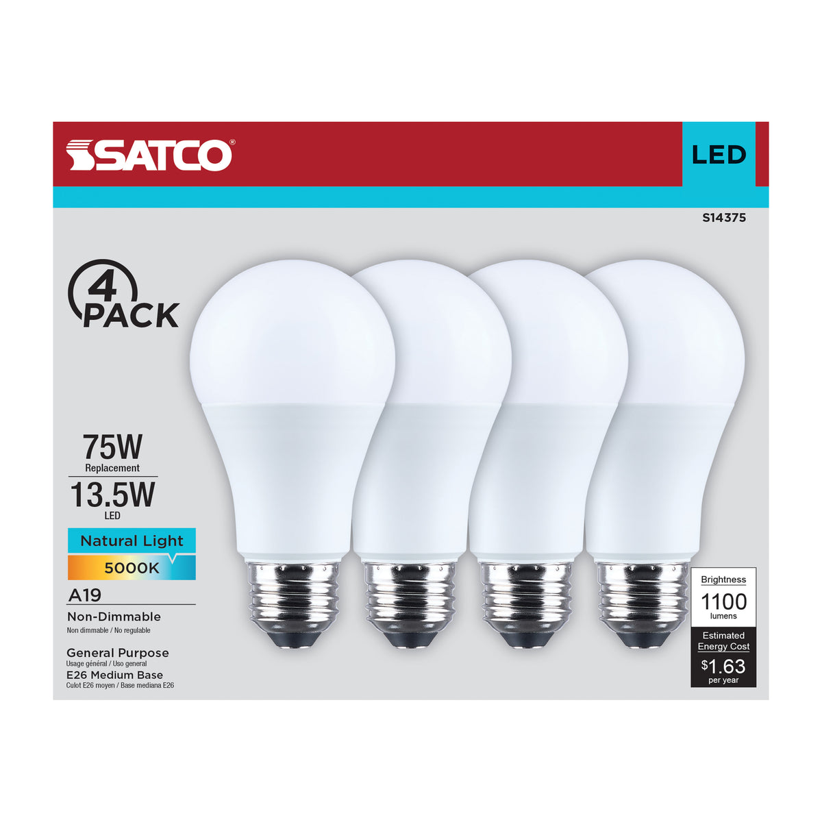 13.5 Watt LED A19 - 5000K CCT - Medium Base - Plastic - 120 Volt - 4-Pack