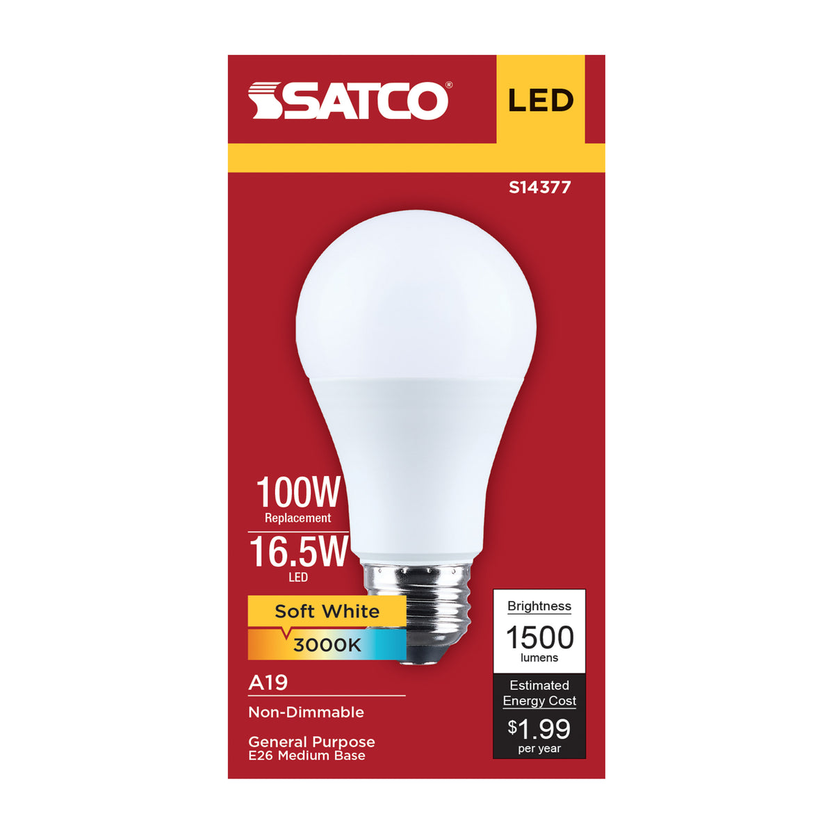 16.5 Watt LED A19 - 3000K CCT - Medium Base - Plastic - 120 Volt - 1-Pack