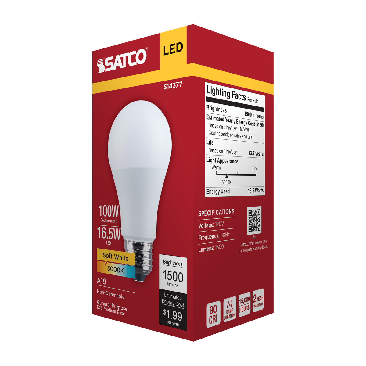 16.5 Watt LED A19 - 3000K CCT - Medium Base - Plastic - 120 Volt - 1-Pack