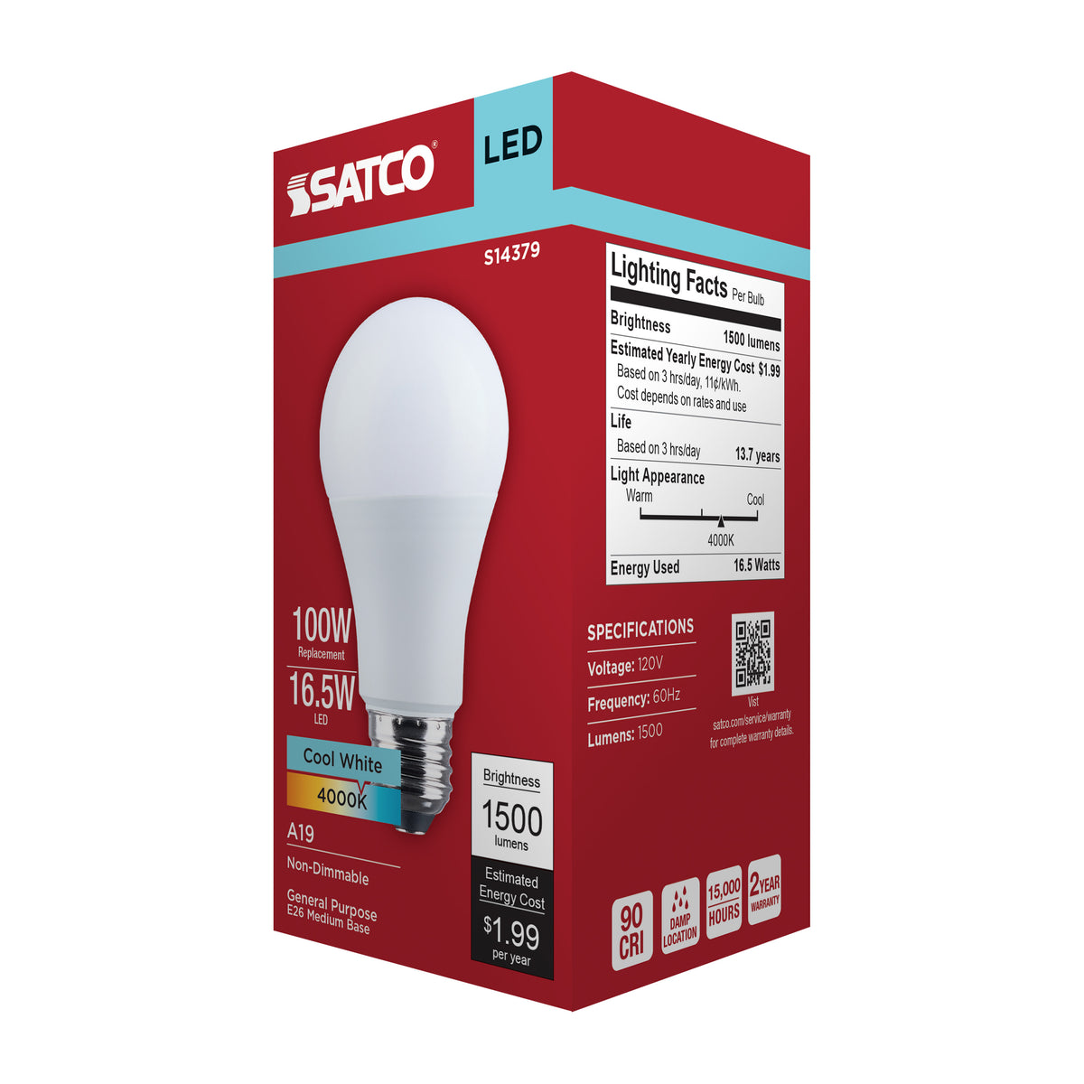16.5 Watt LED A19 - 4000K CCT - Medium Base - Plastic - 120 Volt - 1-Pack