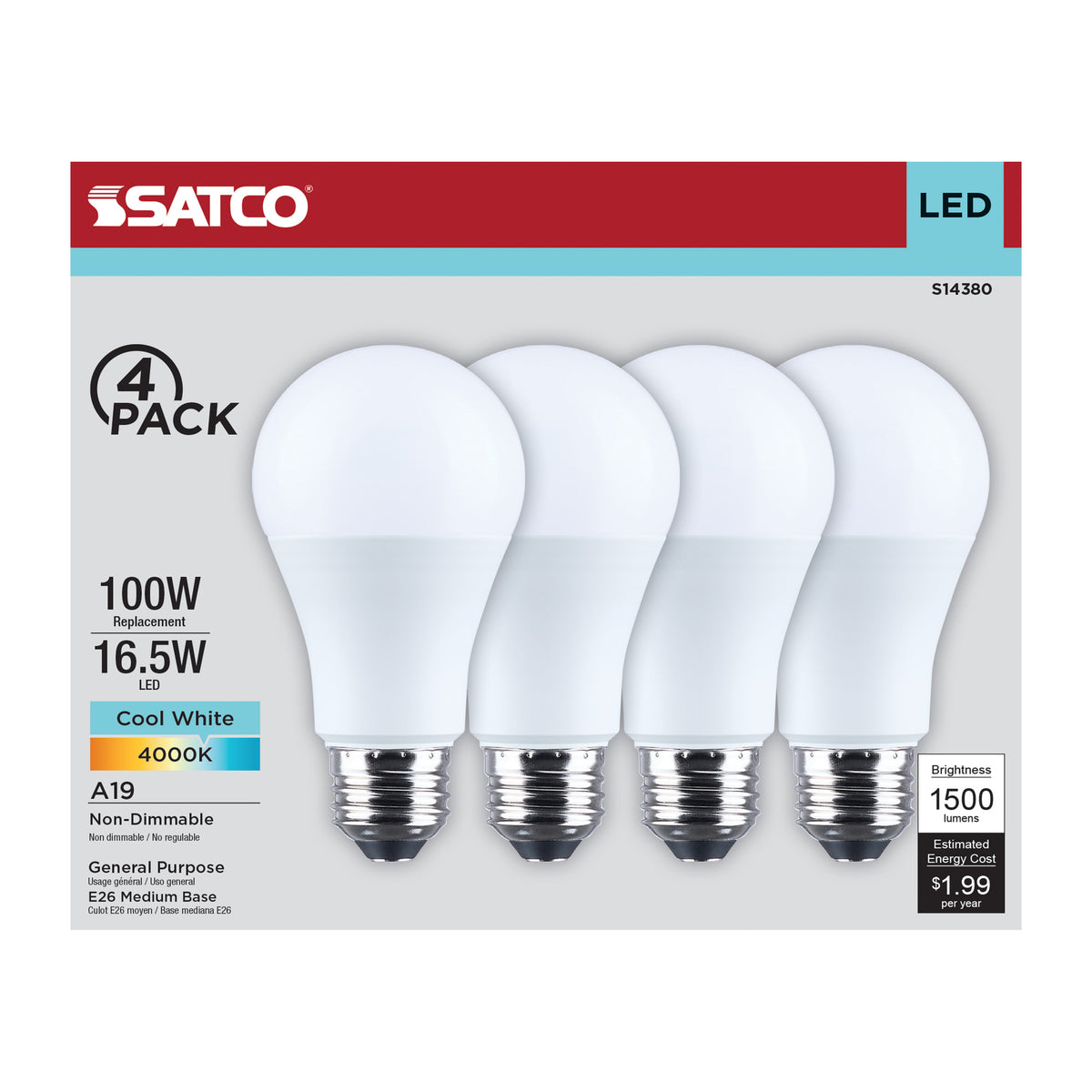 16.5 Watt LED A19 - 4000K CCT - Medium Base - Plastic - 120 Volt - 4-Pack