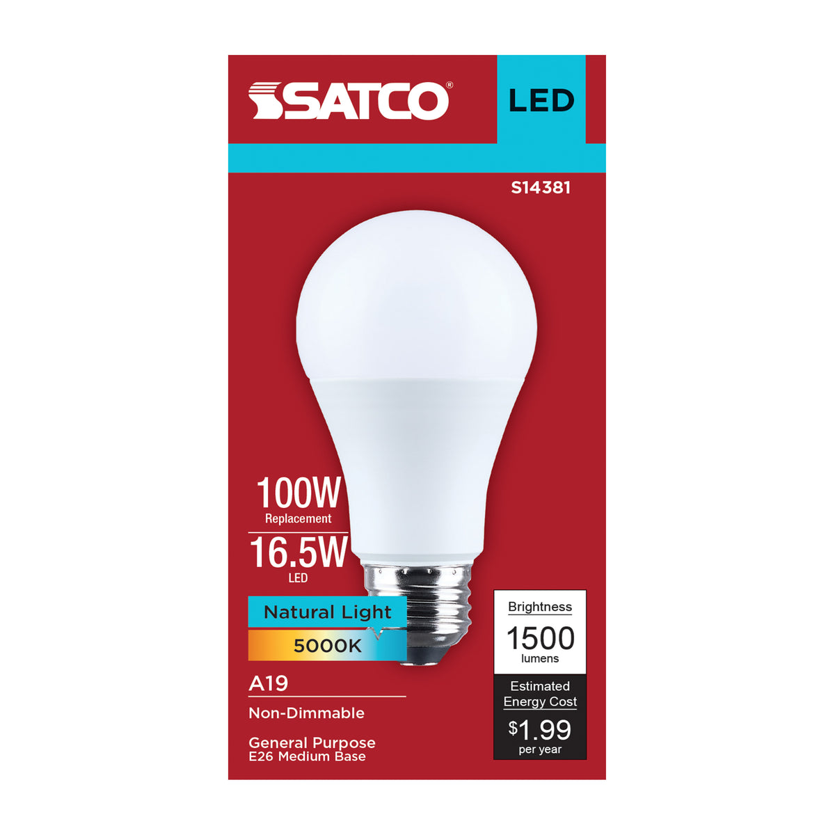 16.5 Watt LED A19 - 5000K CCT - Medium Base - Plastic - 120 Volt - 1-Pack