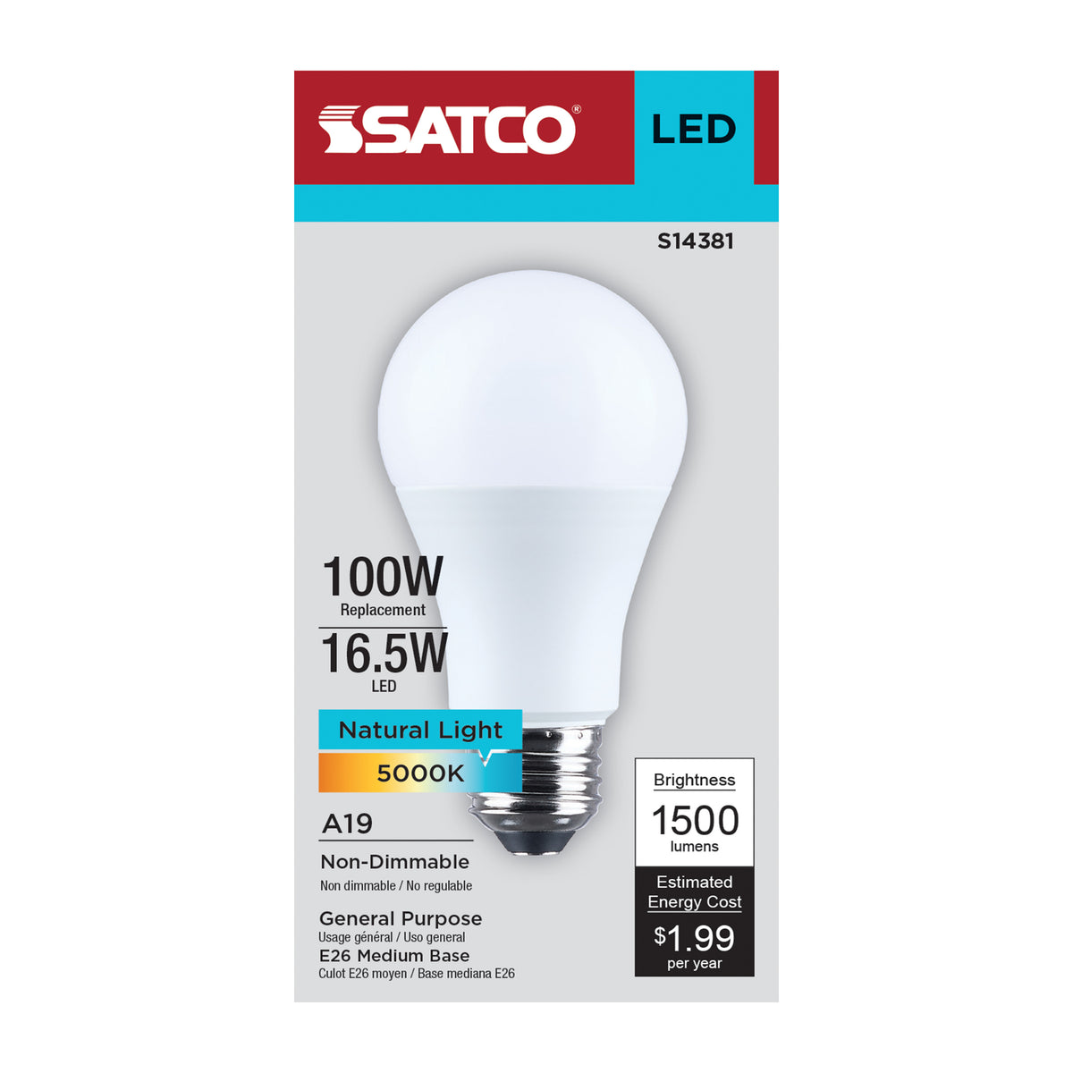 16.5 Watt LED A19 - 5000K CCT - Medium Base - Plastic - 120 Volt - 1-Pack