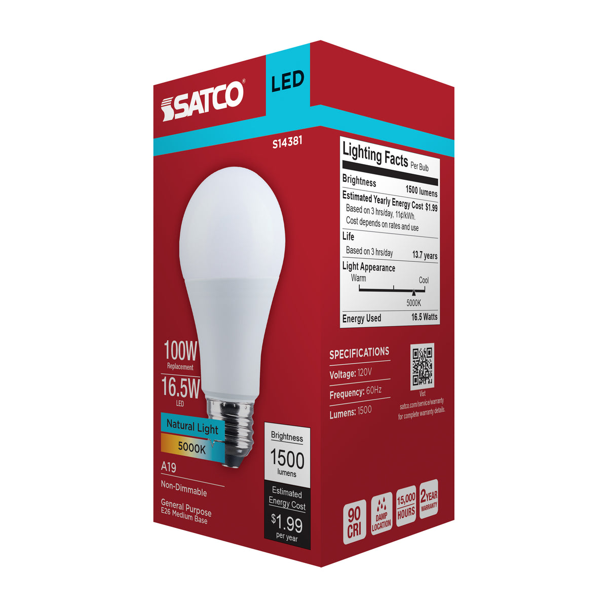 16.5 Watt LED A19 - 5000K CCT - Medium Base - Plastic - 120 Volt - 1-Pack