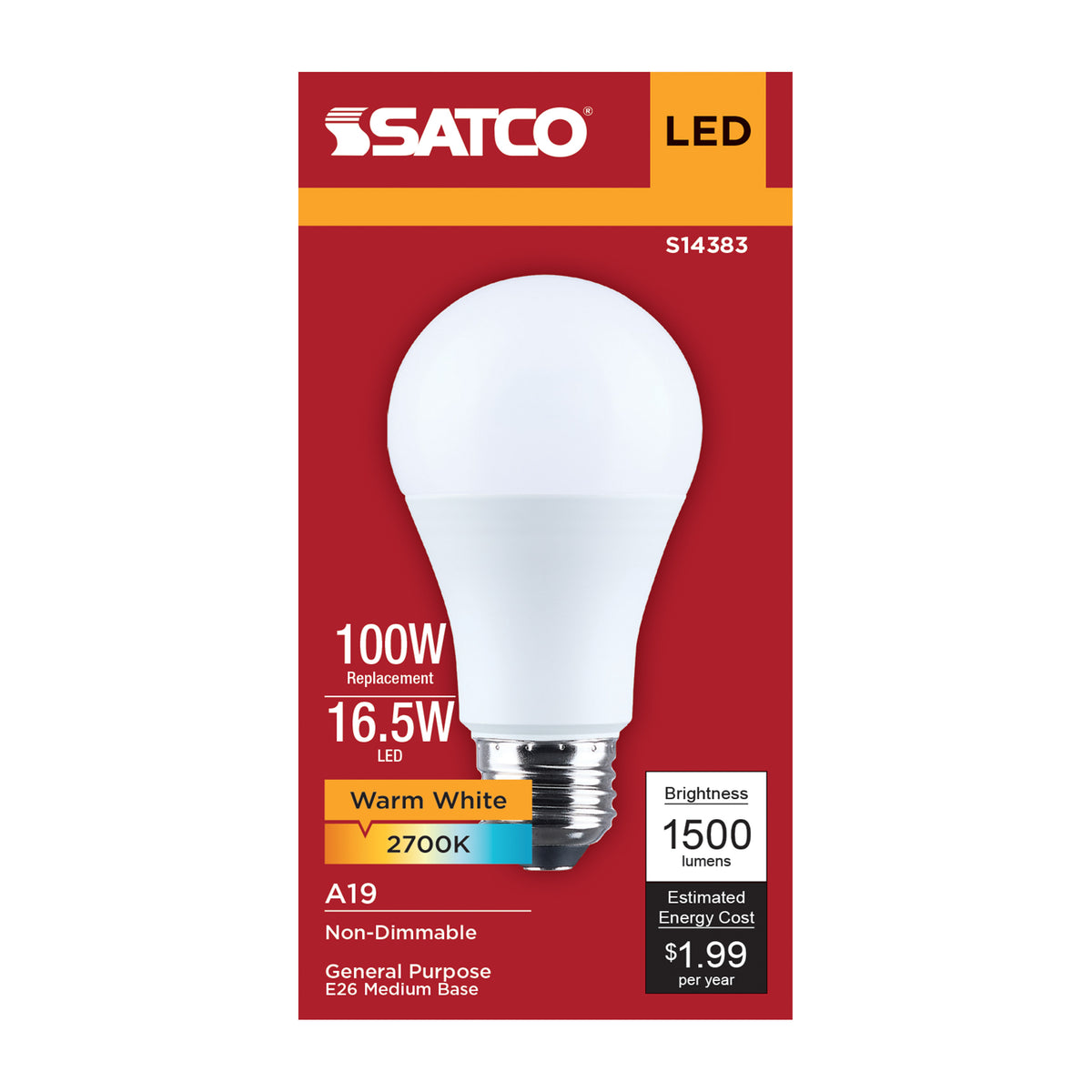 16.5 Watt LED A19 - 2700K CCT - Medium Base - Plastic - 120 Volt - 1-Pack