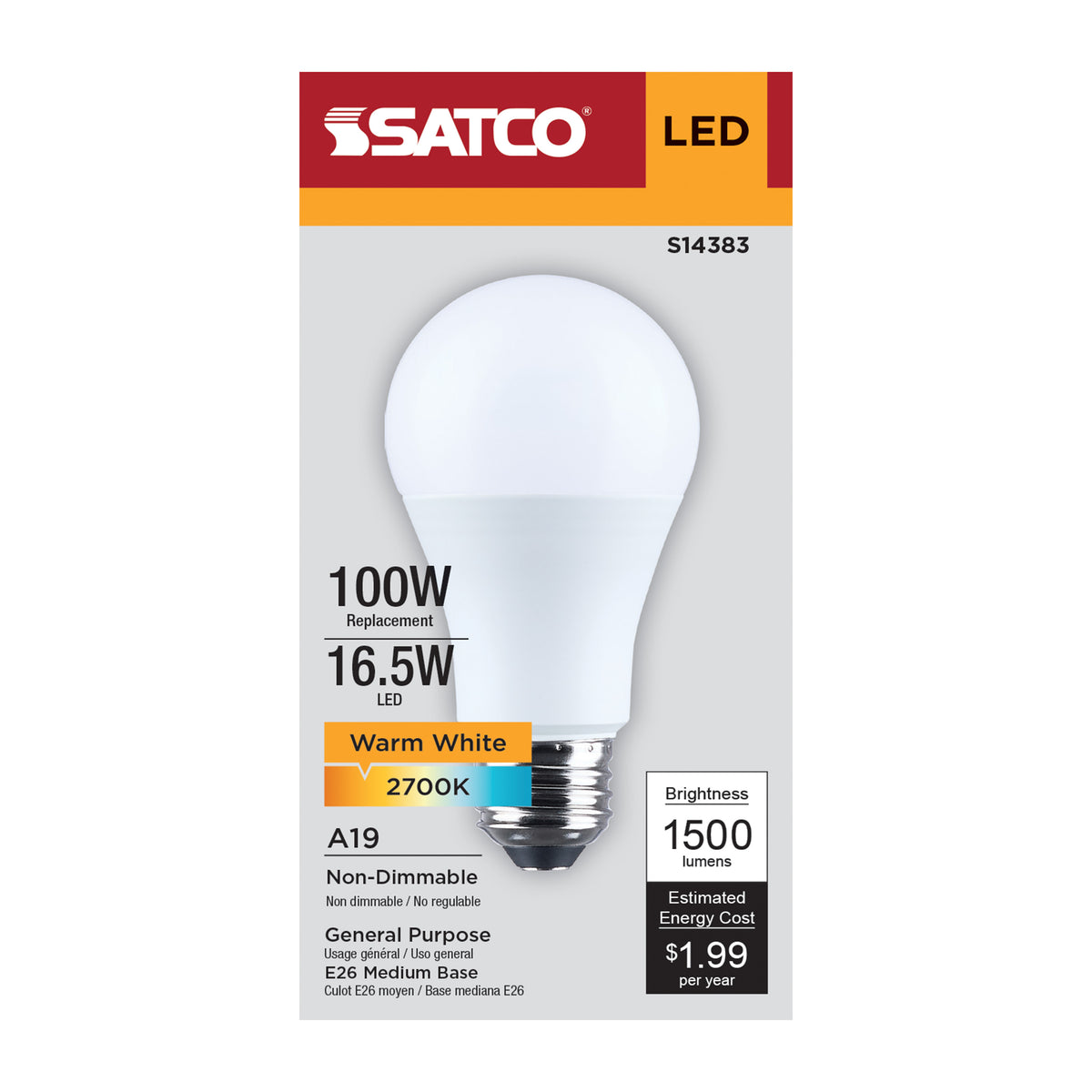16.5 Watt LED A19 - 2700K CCT - Medium Base - Plastic - 120 Volt - 1-Pack