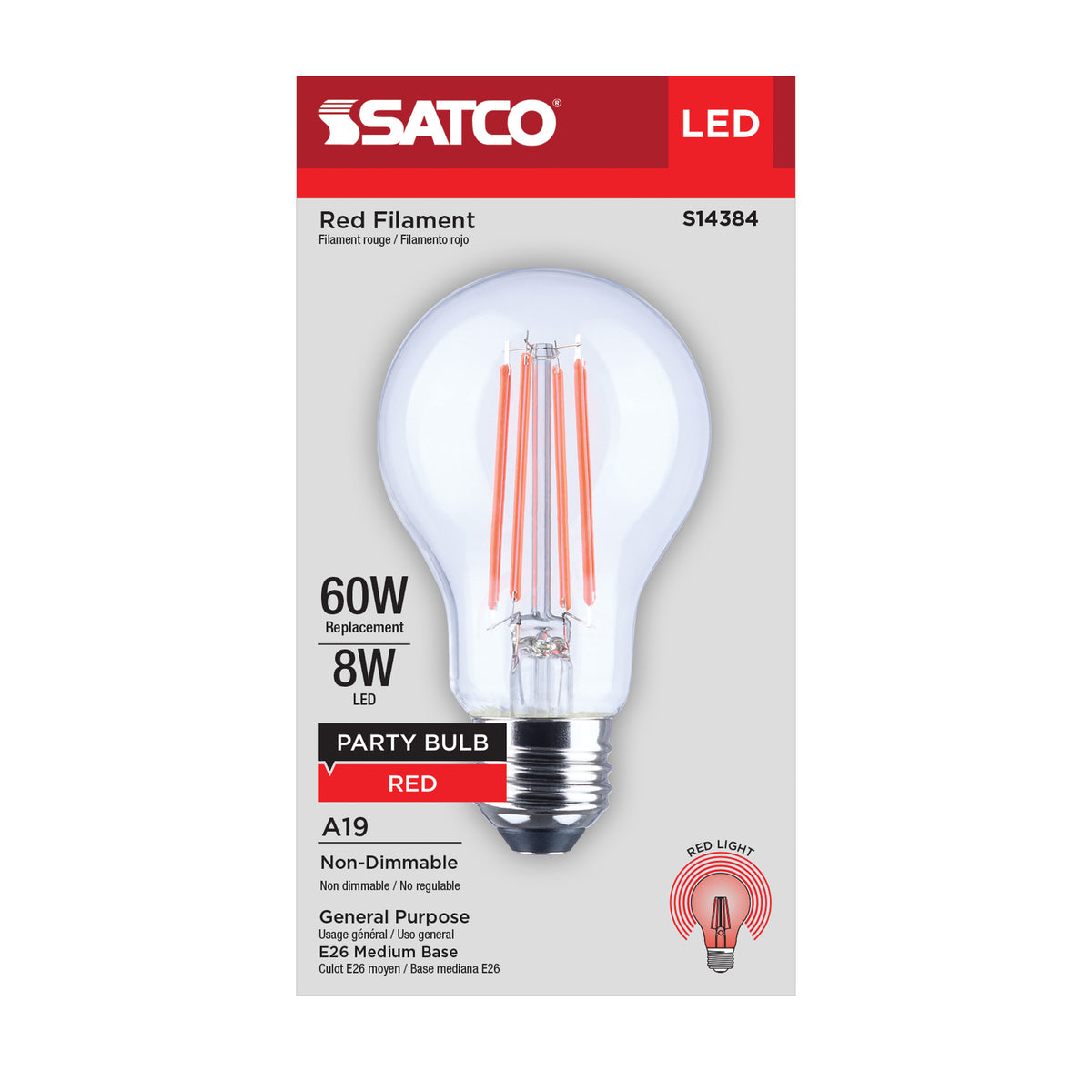 8 Watt LED A19 - Straight Filament - Red Light - Glass - 120 Volt - 1-Pack