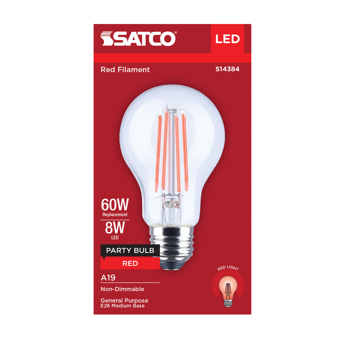 8 Watt LED A19 - Straight Filament - Red Light - Glass - 120 Volt - 1-Pack