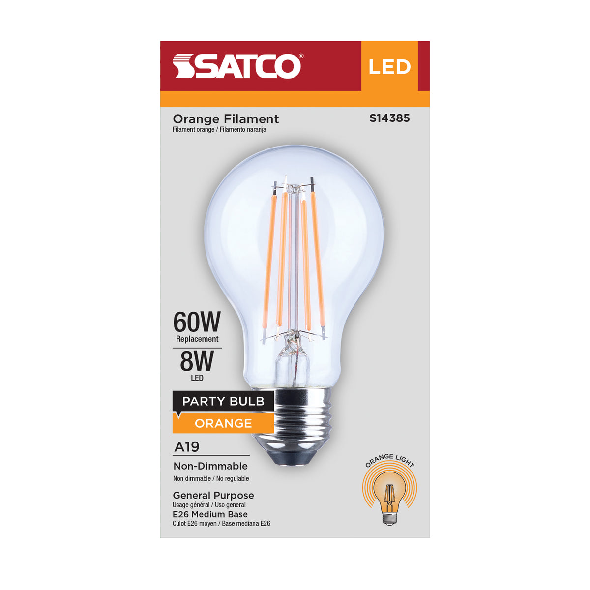 8 Watt LED A19 - Straight Filament - Orange Light - Glass - 120 Volt - 1-Pack