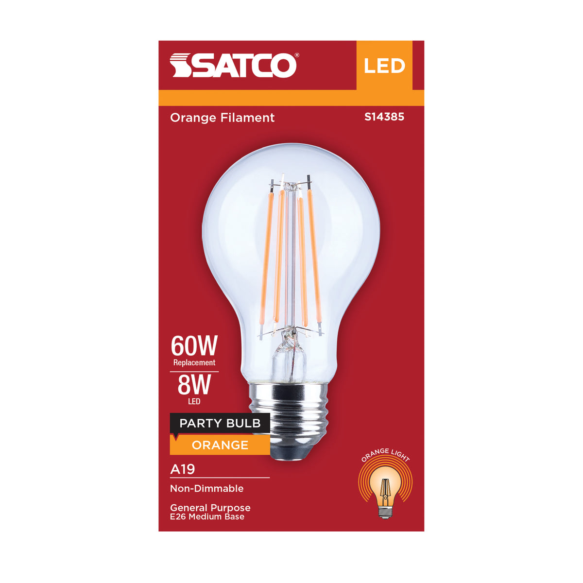 8 Watt LED A19 - Straight Filament - Orange Light - Glass - 120 Volt - 1-Pack